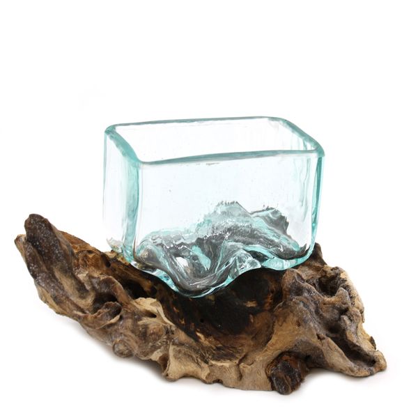 Geschmolzenes Glas auf Holz mit Ständer- Kleine Schüssel