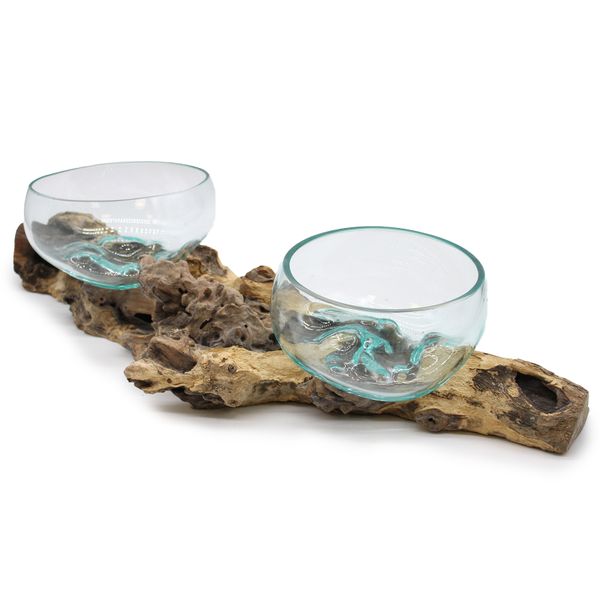 Geschmolzenes Glas auf Holz XL - Zwei Schalen - 70 cm