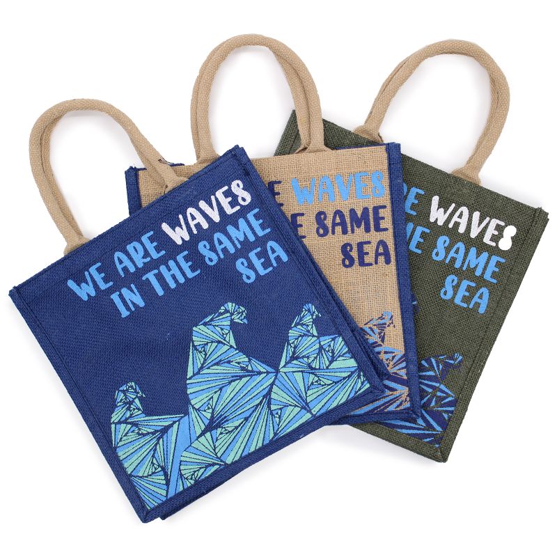 Bedruckte Jutetasche - We are Waves - Grau, Blau und Natur
