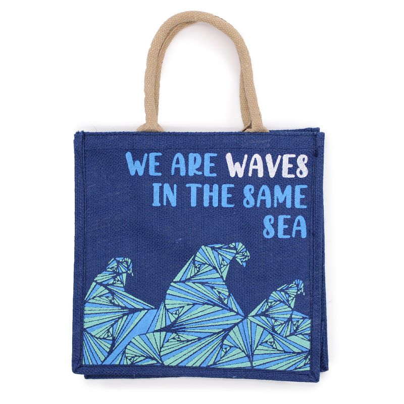 Bedruckte Jutetasche - We are Waves - Grau, Blau und Natur