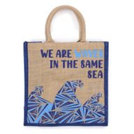 Bedruckte Jutetasche - We are Waves - Grau, Blau und Natur