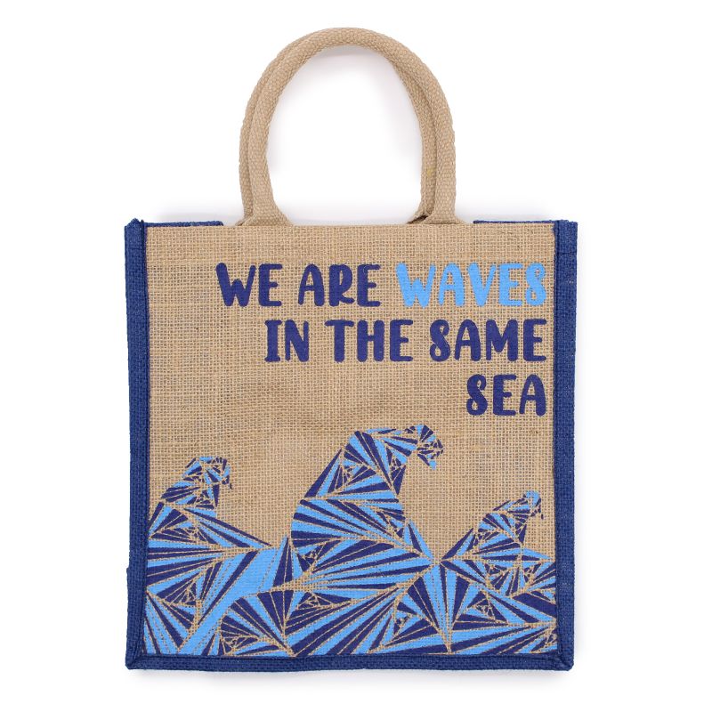 Bedruckte Jutetasche - We are Waves - Grau, Blau und Natur
