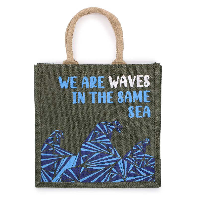 Bedruckte Jutetasche - We are Waves - Grau, Blau und Natur