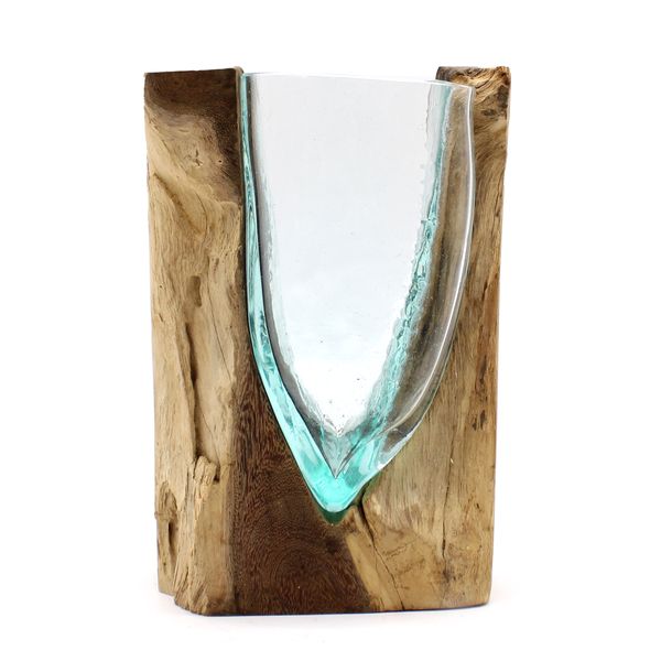 Geschmolzenes Glas auf Holz – Kunstvase – V-Form