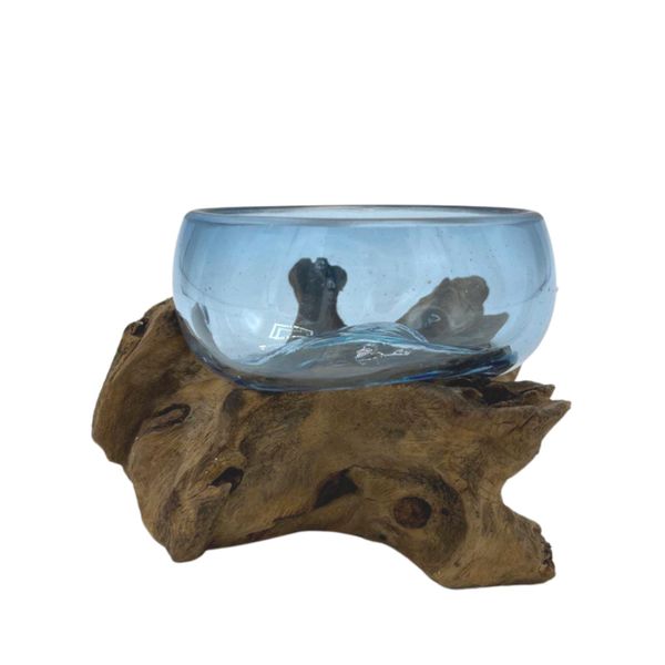 Geschmolzenes Glas auf Holz- Blaue Mini-Schüssel