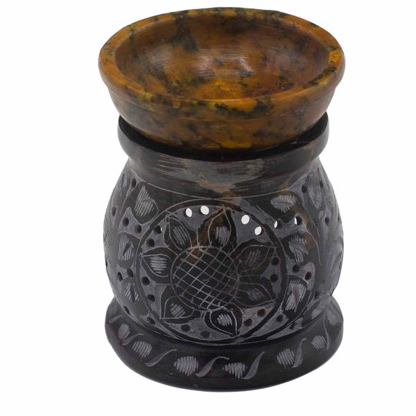 Duftlampe aus Speckstein, 10 cm - Mandala-Blume – Schwarz und Gelb