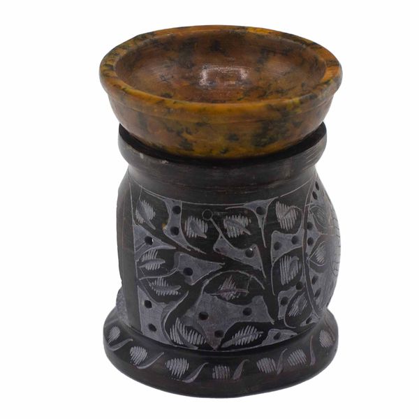 Duftlampe aus Speckstein, 10 cm - Mandala-Blume – Schwarz und Gelb