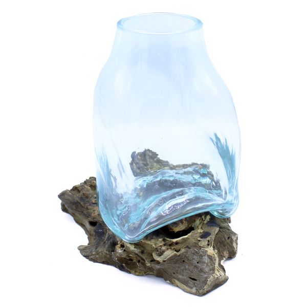 Große Vase aus geschmolzenem Glas – Terrarienglas auf Holz