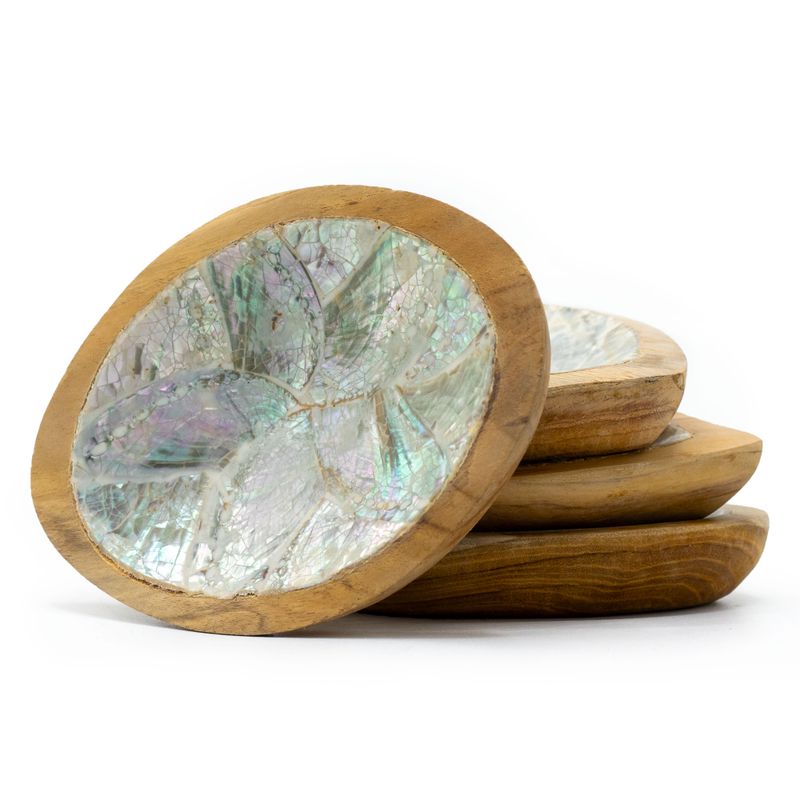 4er-Set Mini-Schüsseln aus Teakholz mit Muscheldekor (sortiert)