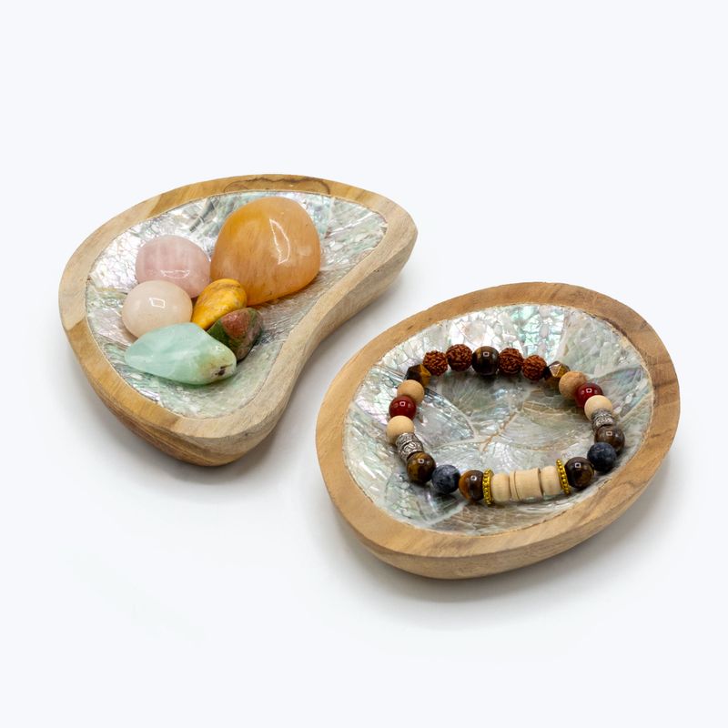 4er-Set Mini-Schüsseln aus Teakholz mit Muscheldekor (sortiert)