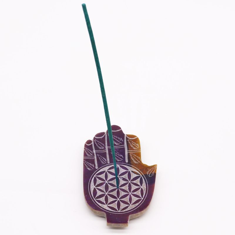 Räucherstäbchenhalter Med Hamsa aus Speckstein 13x9cm - Blume des Lebens