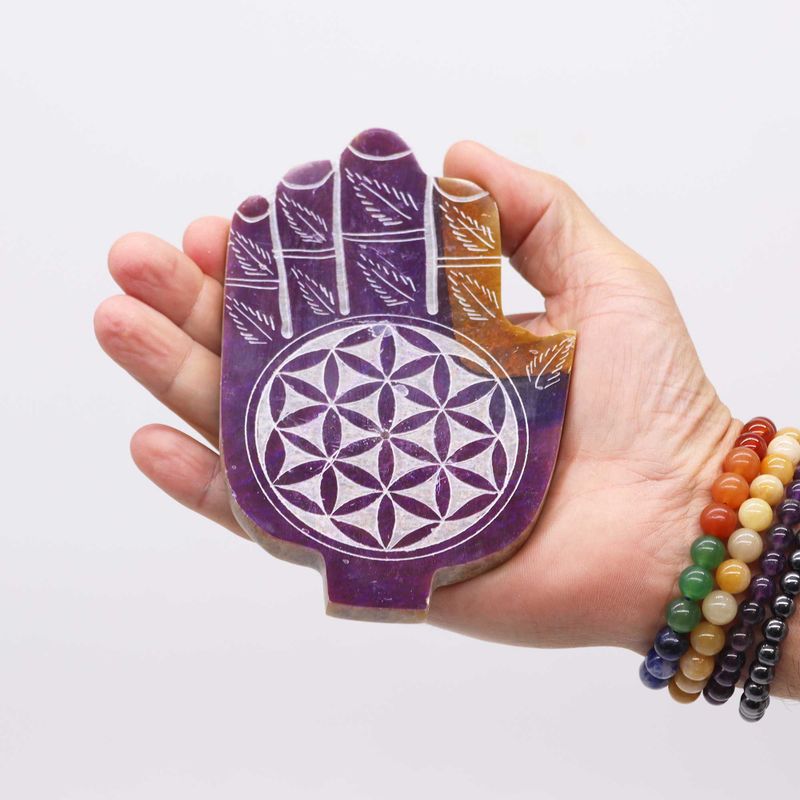 Räucherstäbchenhalter Med Hamsa aus Speckstein 13x9cm - Blume des Lebens