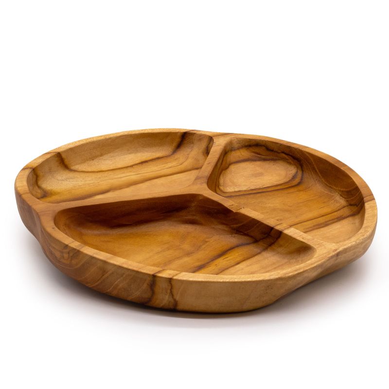 Glatte Obstschale aus Teakholz mit drei Fächern - 30x4cm
