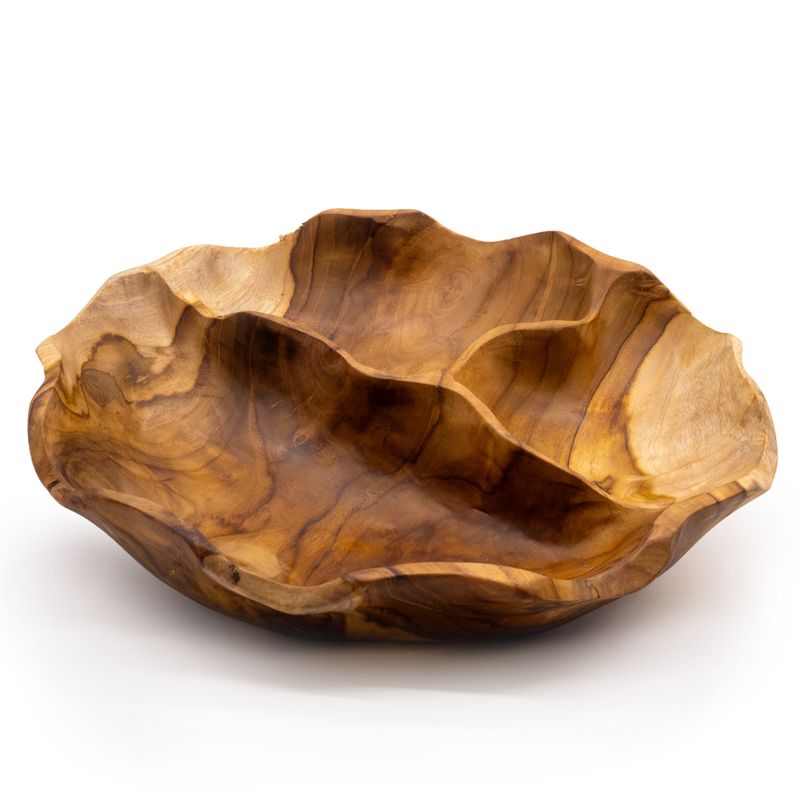 Glatte, runde Obstschale aus Teakholz mit drei Fächern  - 30x5.5cm