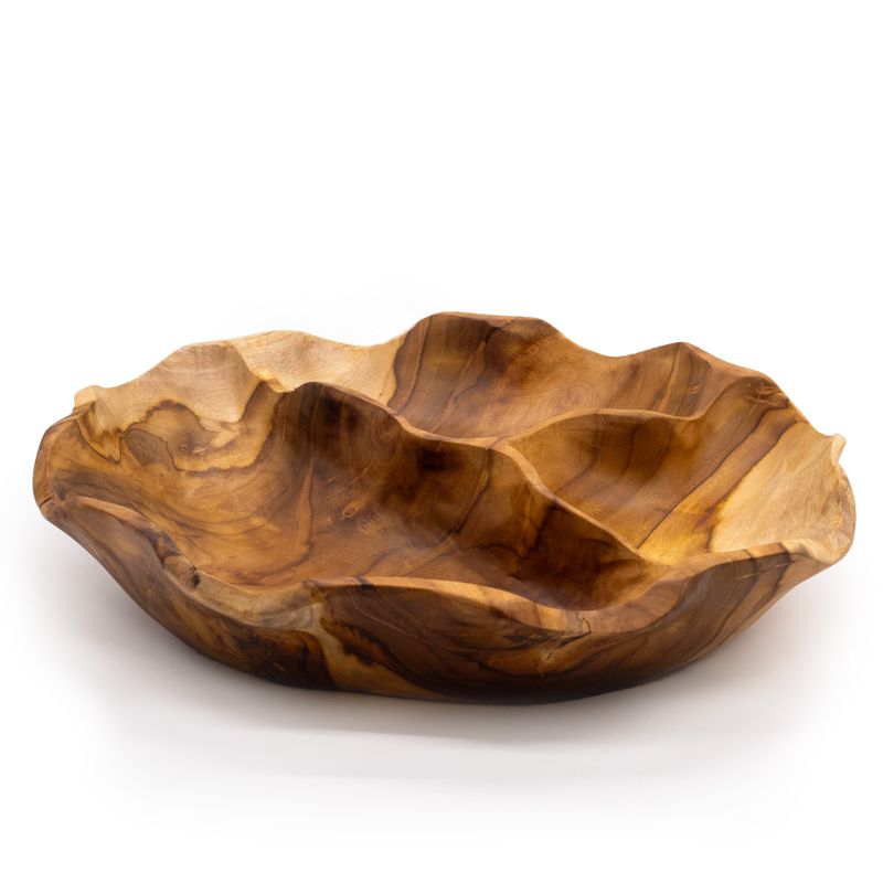 Glatte, runde Obstschale aus Teakholz mit drei Fächern  - 30x5.5cm