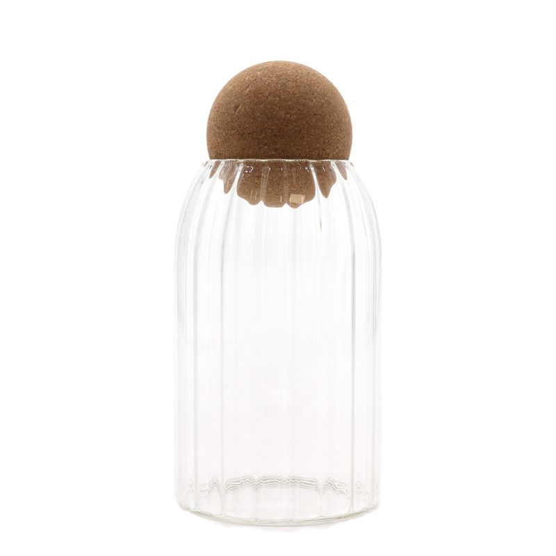 Glasgefäß mit Korkkugel–  gerippt – 15 cm