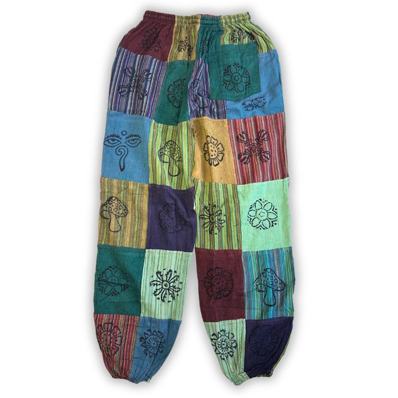 Nomad Sari - Pilz-Hose - Blockdruck-Designs - Grüntöne S/M