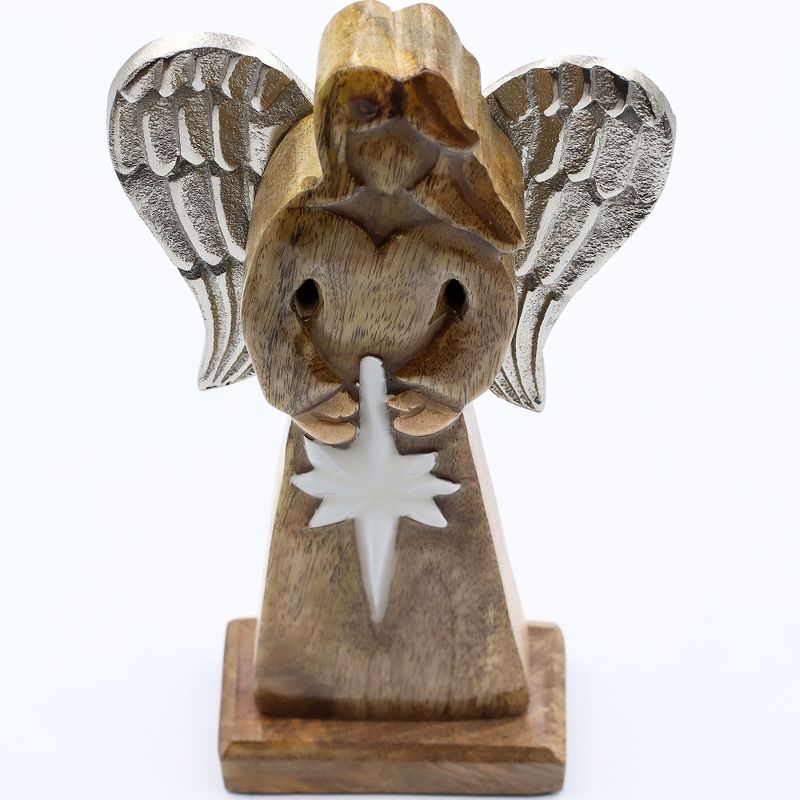 Großer Friedensengel aus Mangoholz, Metallflügel und Emaille-Details – 30 cm