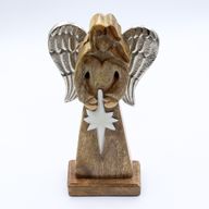 Großer Friedensengel aus Mangoholz, Metallflügel und Emaille-Details – 30 cm