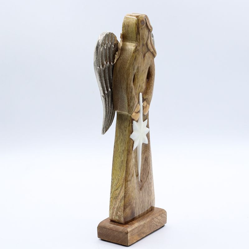 Großer Friedensengel aus Mangoholz, Metallflügel und Emaille-Details – 30 cm