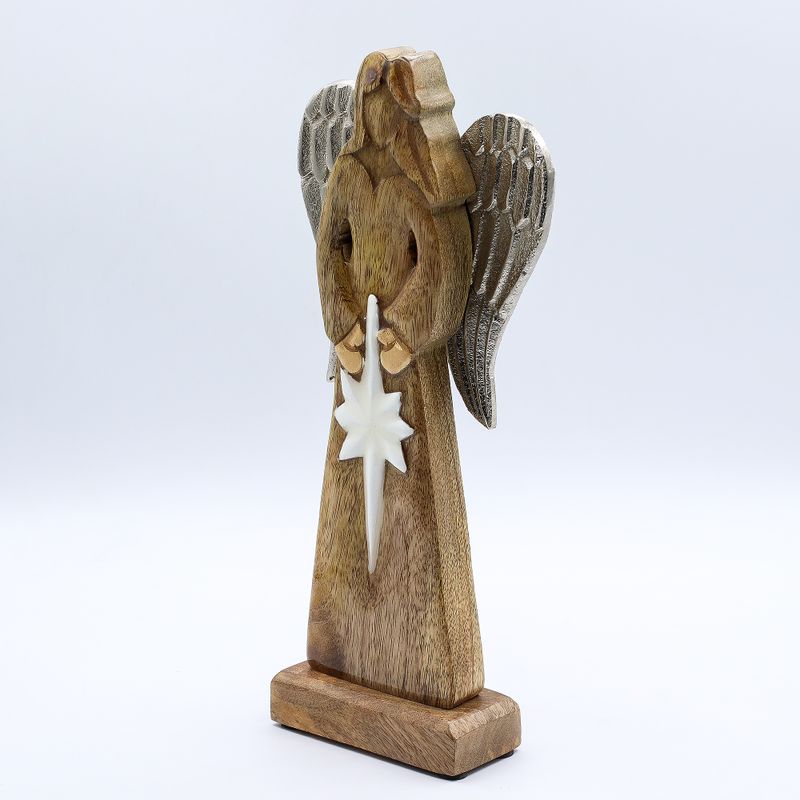 Großer Friedensengel aus Mangoholz, Metallflügel und Emaille-Details – 30 cm