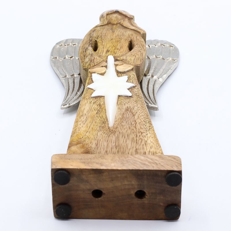 Großer Friedensengel aus Mangoholz, Metallflügel und Emaille-Details – 30 cm