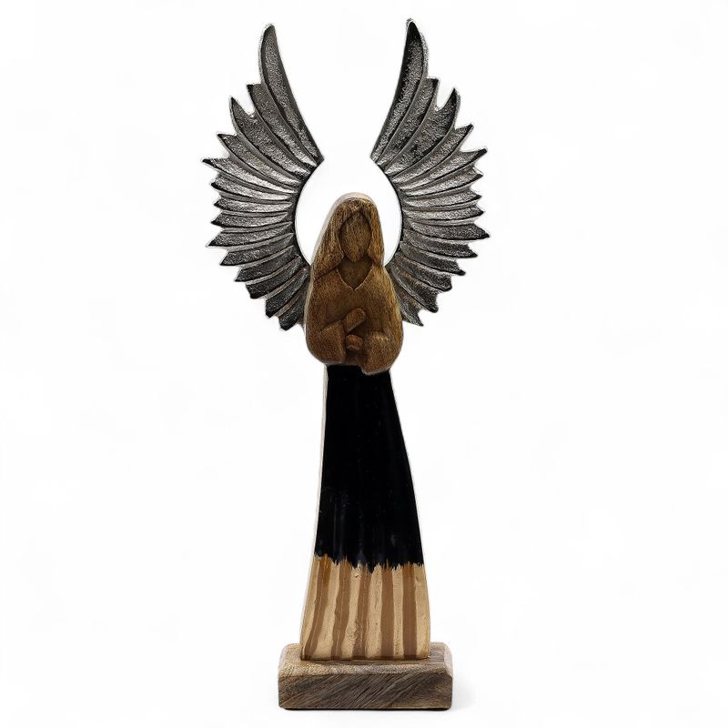 Großer Schutzengel aus Mangoholz, Metallflügel und Emaille-Details – 40 cm
