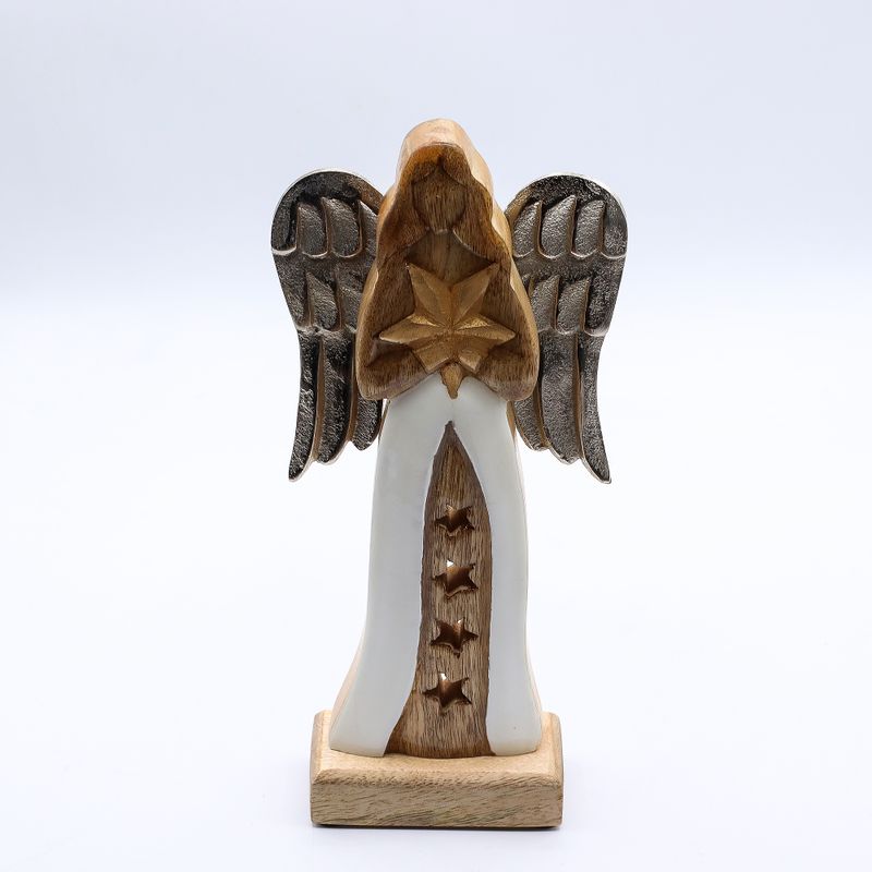Großer Engelstern aus Mangoholz mit Metallflügeln und Emaille-Details – 30 cm