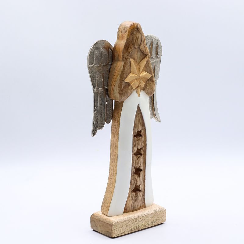 Großer Engelstern aus Mangoholz mit Metallflügeln und Emaille-Details – 30 cm