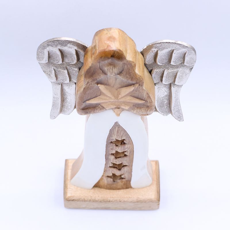 Großer Engelstern aus Mangoholz mit Metallflügeln und Emaille-Details – 30 cm