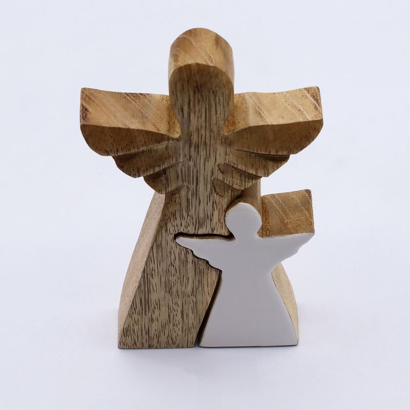 Mangoholz-Engel in Engelform – Weiße Emaille – 15 cm