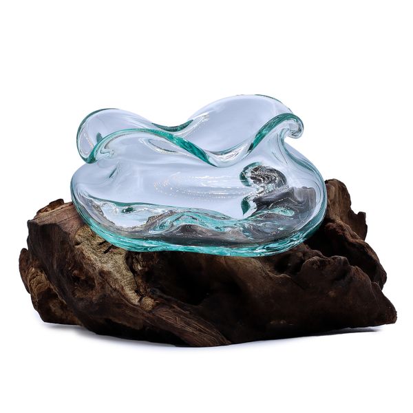 Geschmolzenes Glas auf Holz -Wellenförmige Schale 18 cm
