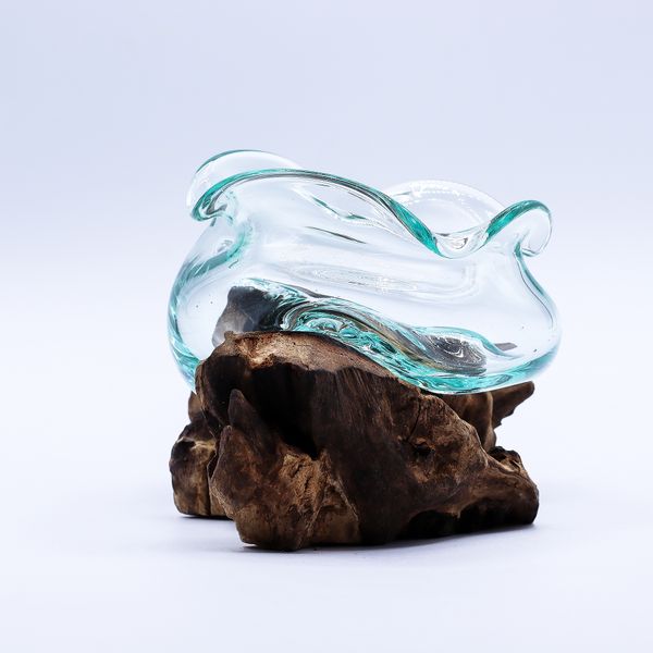 Geschmolzenes Glas auf Holz -Wellenförmige Schale 18 cm