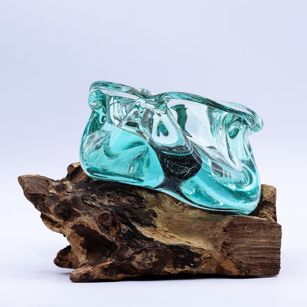 Geschmolzenes Glas auf Holz Massiver Aschenbecher / Kerzenhalter aus Holz, 23 cm