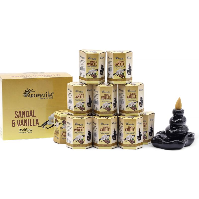 Packung mit 10 Masala Rückfluss Räucherkegel - Sandelholz und Vanille