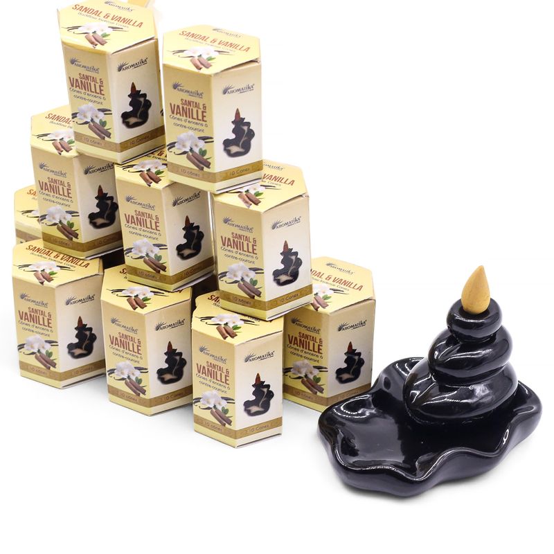 Packung mit 10 Masala Rückfluss Räucherkegel - Sandelholz und Vanille