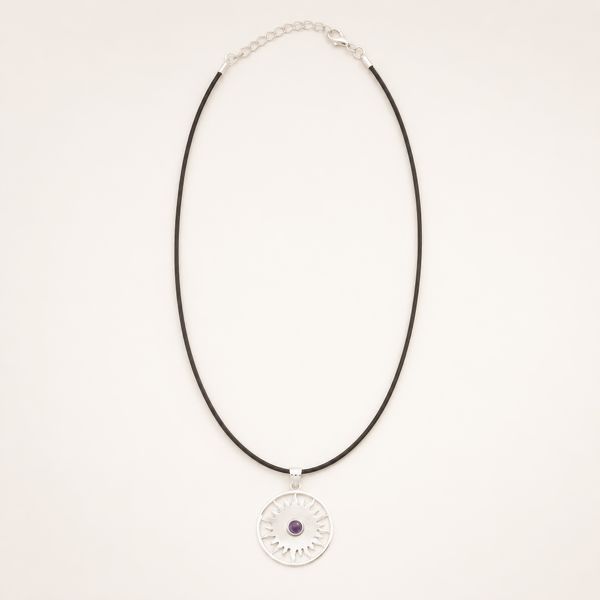 Indische Andachtsanhänger – Silberbeschichtet (45 cm Kordel) – Sonnenanbetung Amethyst