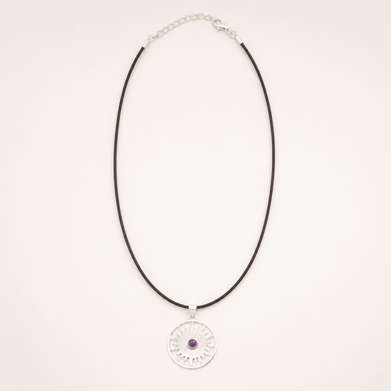 Indische Andachtsanhänger – Silberbeschichtet (45 cm Kordel) – Sonnenanbetung Amethyst