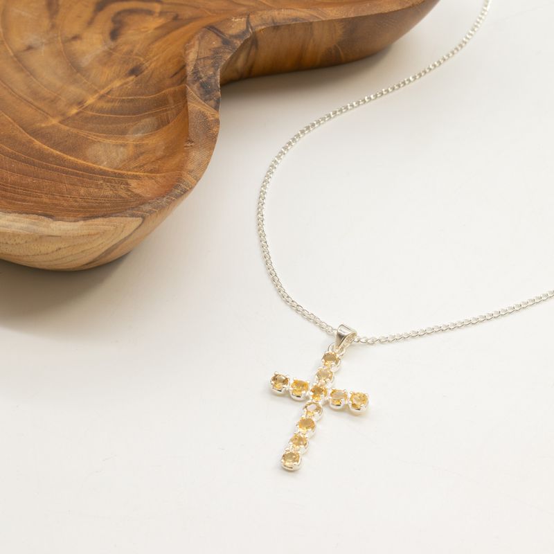 Indische Gebetsanhänger - Silberbeschichtet (45 cm Kette) - Citrin-Kreuz