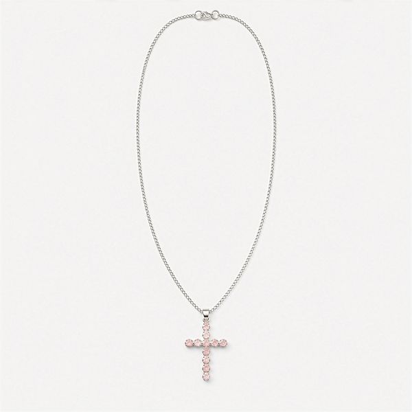 Indische Andachtsanhänger - versilbert (45 cm Kette) - Rosenquarz-Kreuz