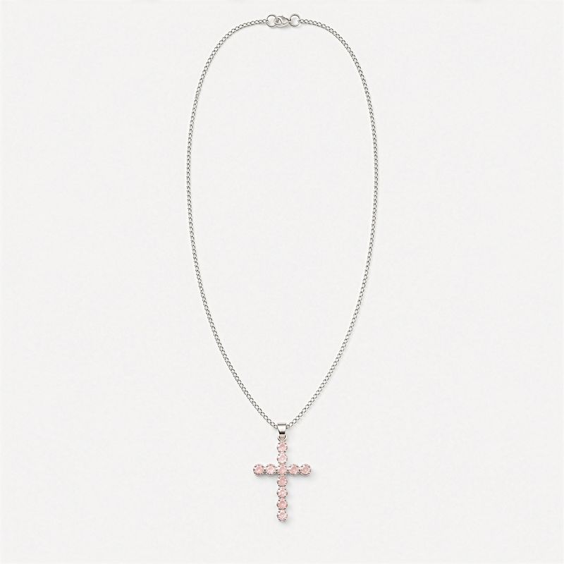 Indische Andachtsanhänger - versilbert (45 cm Kette) - Rosenquarz-Kreuz