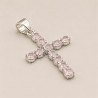 Indische Andachtsanhänger - versilbert (45 cm Kette) - Rosenquarz-Kreuz