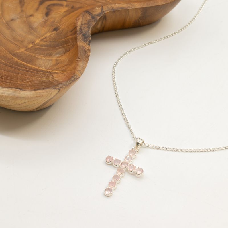 Indische Andachtsanhänger - versilbert (45 cm Kette) - Rosenquarz-Kreuz