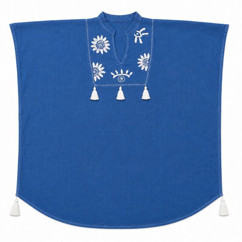 Nomad Sari On the Med Collection - Kaftan - Blau mit cremefarbener Stickerei und Quasten