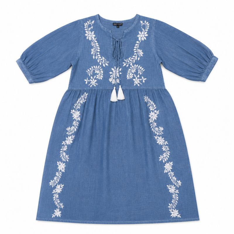 (M-L) Nomad Sari aus der Med-Kollektion - Kleid - dunkelblau mit Stickerei und Quasten