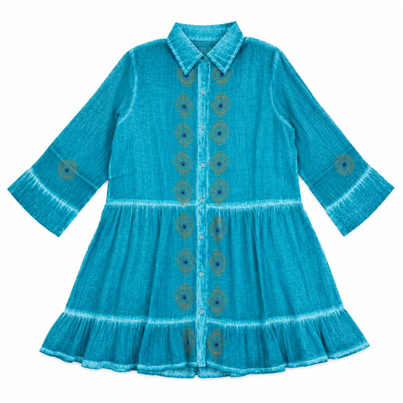 (M-L) Nomad Sari On the Med Collection - Tunika-Kleid - Türkis mit Blockdruck des bösen Blicks
