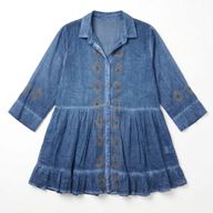 (M-L) Nomad Sari Aus der Med-Kollektion - Tunika-Kleid - Dunkelblau mit Bösem Blick-Blockdruck