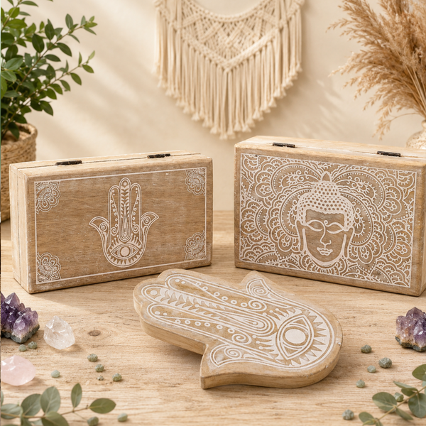 Holzboxen und Tabletts mit Buddha- und Hamsa-Design