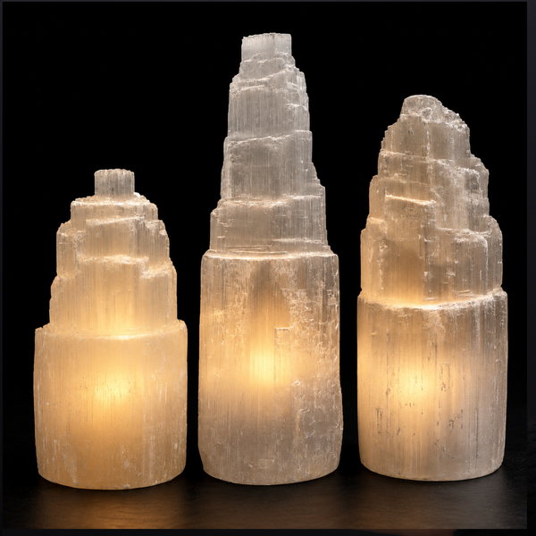 Natürliche Selenit-Turmlampe