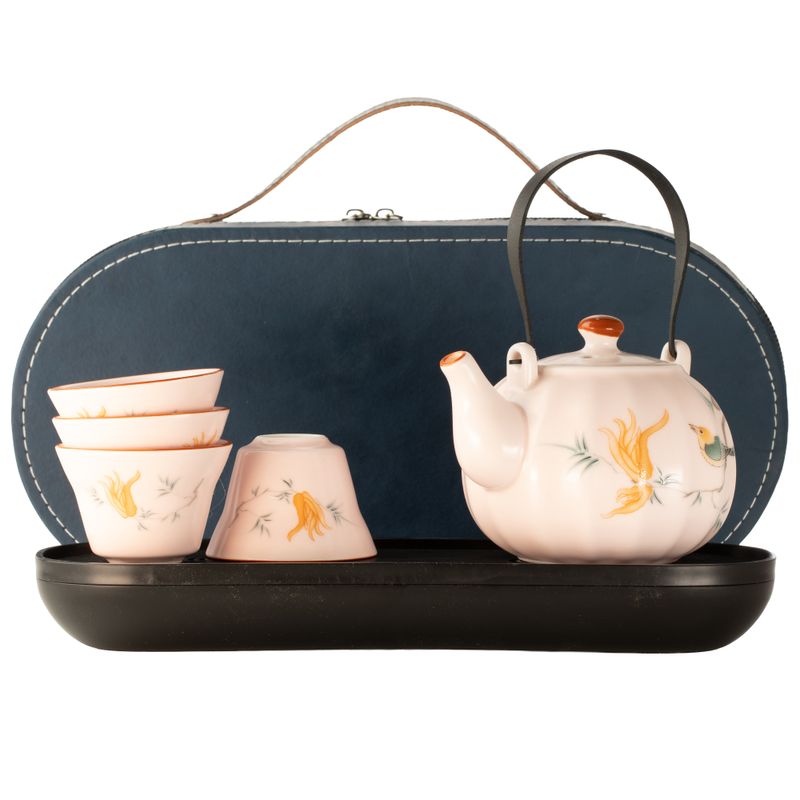 Reise-Teekannen-Set und vier Tassen - Rosa Vintage-Kürbis-Stil